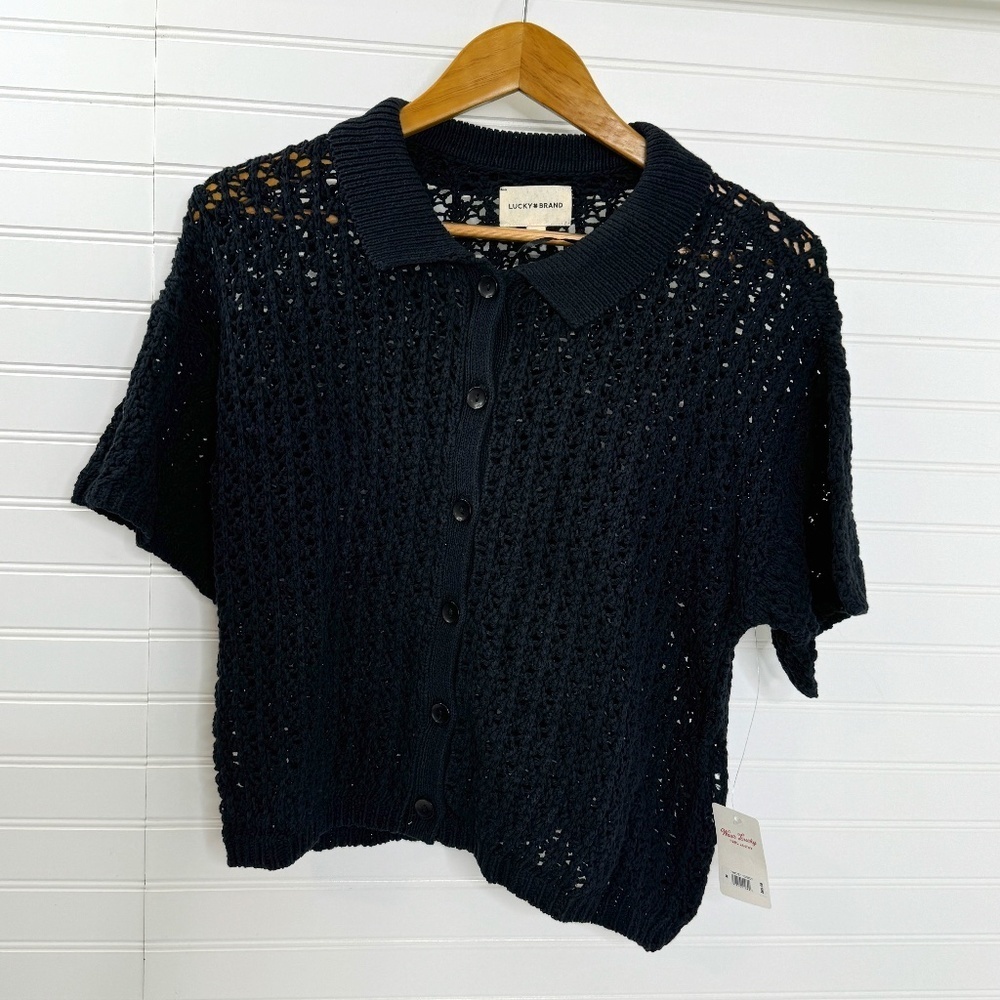 NEW Lucky Brand Medium Pointelle Camp Shirt Black